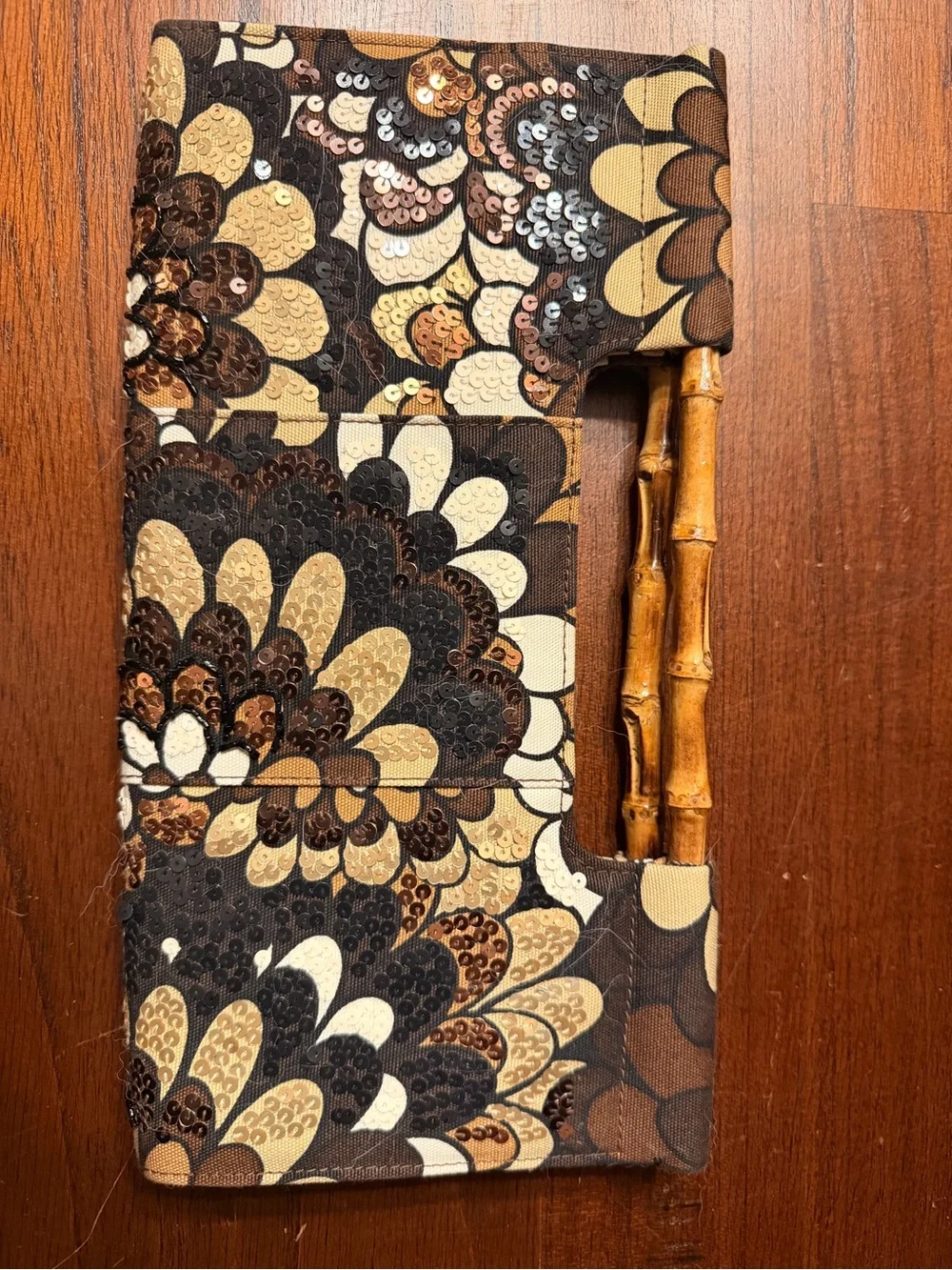 The Limited Brown, Cream & Tan Sequin Floral Clutch with Bamboo Handle
